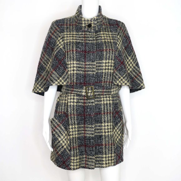 Tribal Jackets & Blazers - Tribal Brand Cape Short Sleeve Dress Coat Plaid Belted Wool Blend